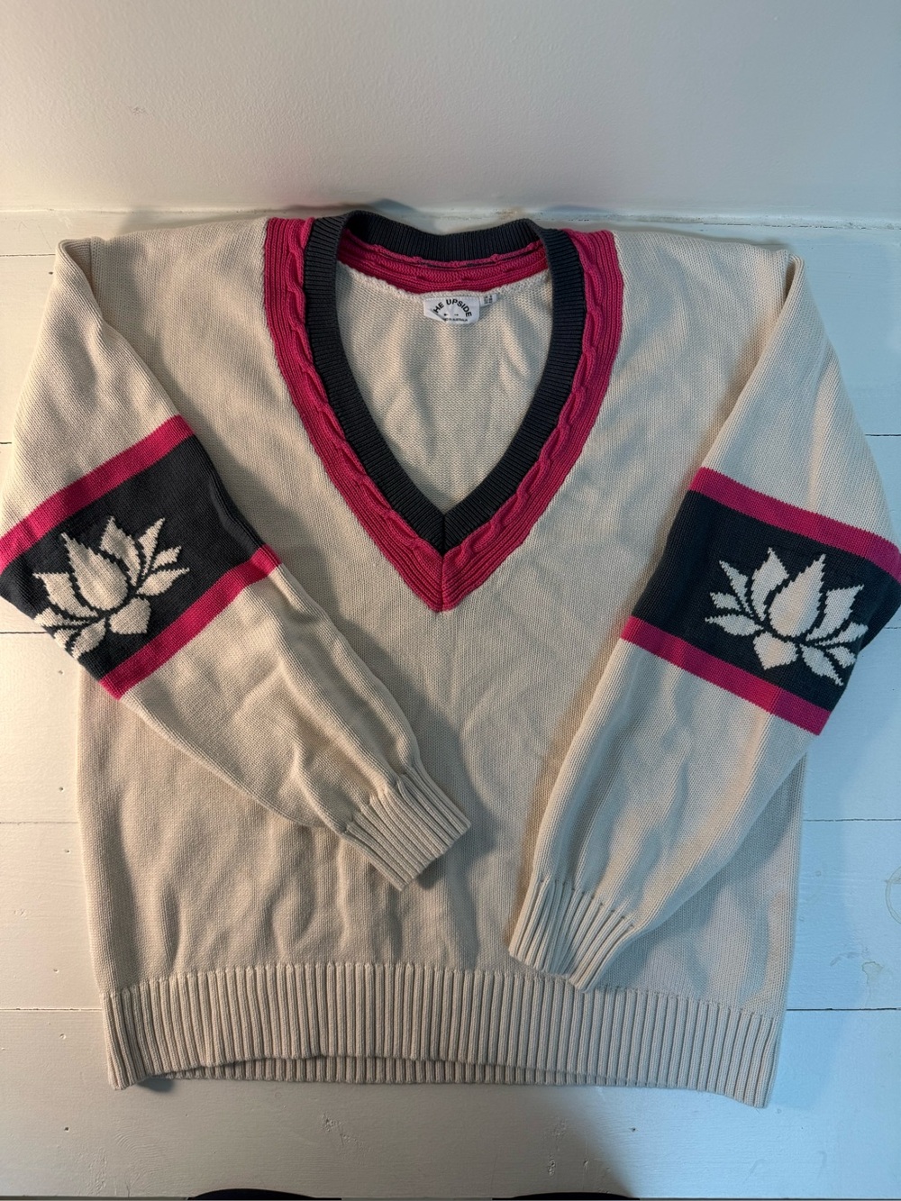 The Upside Cream V-Neck Sweater with Pink & dark gray  Accents
